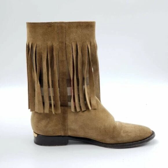 Burberry Light Brown Suede Norland Fringed Boots 260-082925 - Picture 7 of 12
